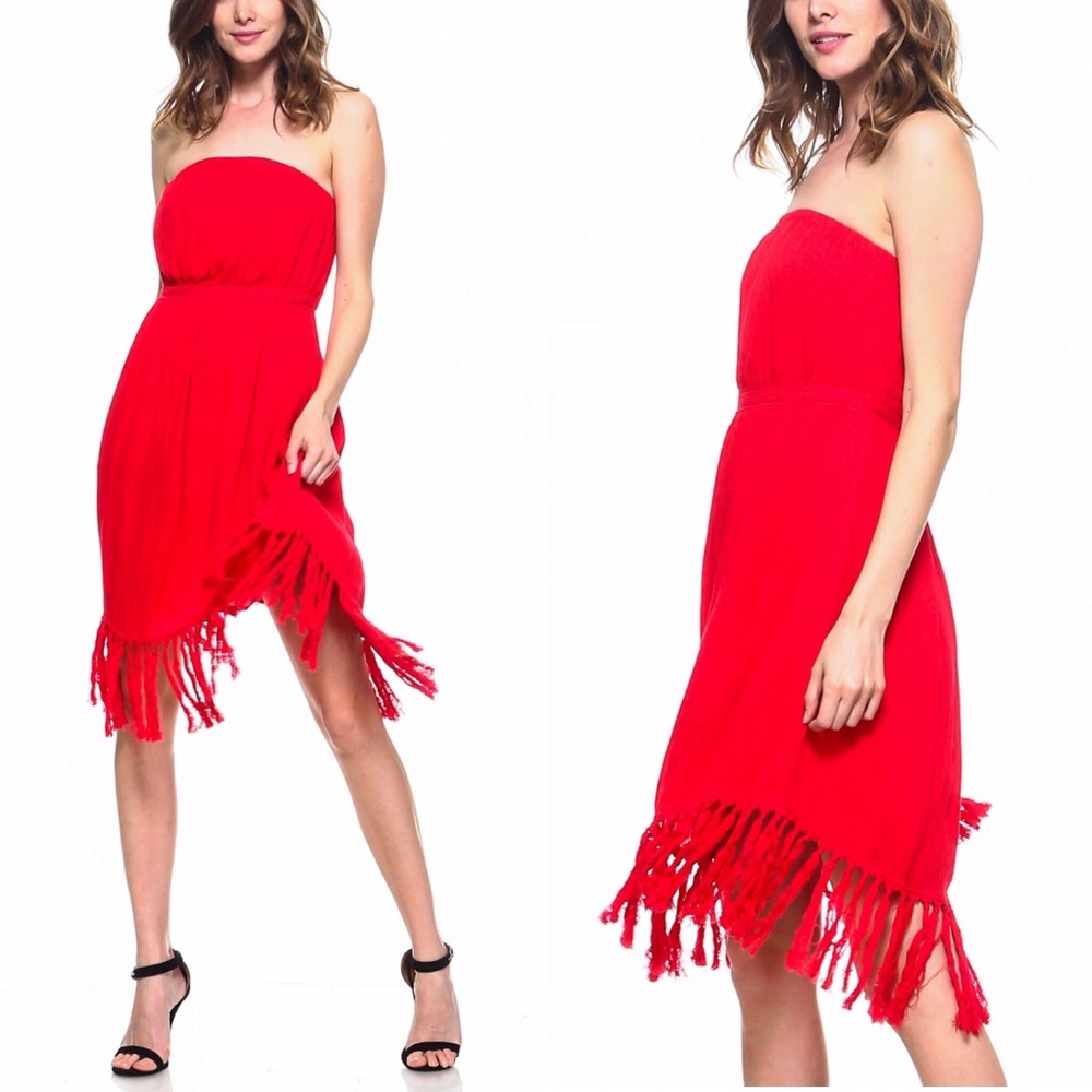 RED STRAPLESS TASSEL DRESS